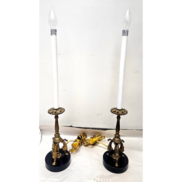 Late 20th Century Pair of Late 20th Century Egyptian Revival Style Brass Candlestick-Form Buffet or Table Lamps For Sale - Image 5 of 12