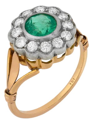 Edwardian Style 1.05 Carat Emerald Diamond 18k Yellow Gold Silver Cluster Ring, Size 9.5