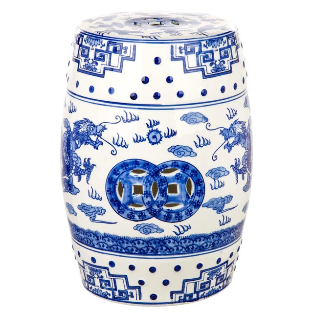 Modern Dragon Breath Chinoiserie Garden Stool in Blue For Sale - Image 3 of 3