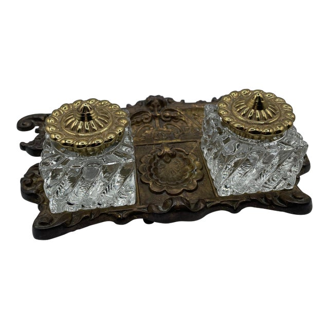 Antique Victorian Double Inkwell Desk Set – Glass Bottles With Brass Lids & Ornate Stand For Sale