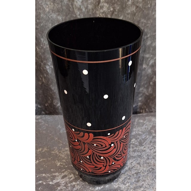 Art Deco Vase with White and Red Hand-Painted Decoration on Black Glass, 1930s, in Very Good conditions. Designed 1920 to...