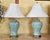 Elegant pair of vintage celadon ceramic table lamps featuring classic ginger-jar silhouettes with beautifully textured...