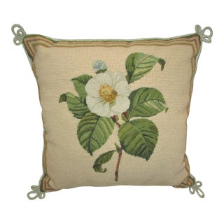 Vintage French Country Camellia Flower Design Needlepoint Pillow For Sale