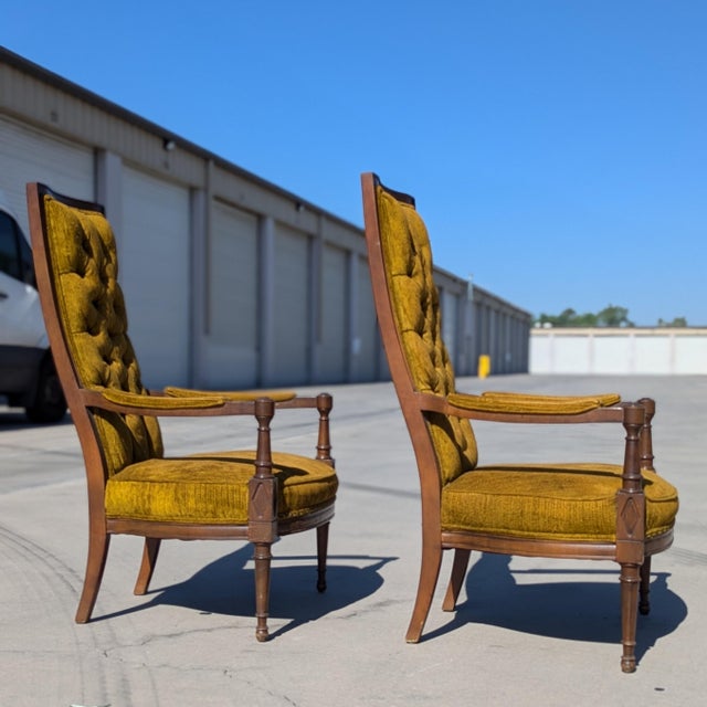 Hollywood Regency Tufted High-Back Armchairs in Gold Velvet Pair, 1960s For Sale - Image 11 of 18