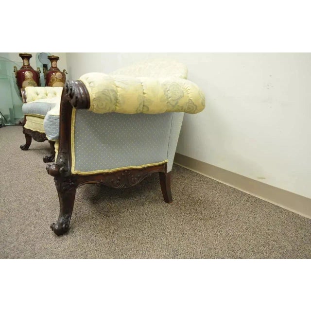 Yellow Antique 19th Century Georgian Style Rolled Arm Carved Mahogany Curved Frame Sofa For Sale - Image 8 of 10