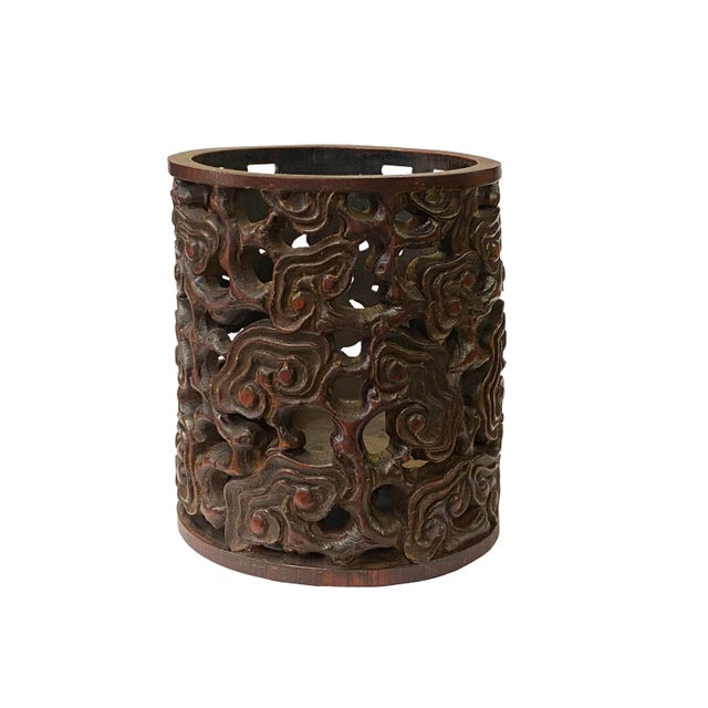 Brown Chinese Bamboo Scroll Cloud Carving Brush Pen Holder / Brush Pot For Sale - Image 8 of 8