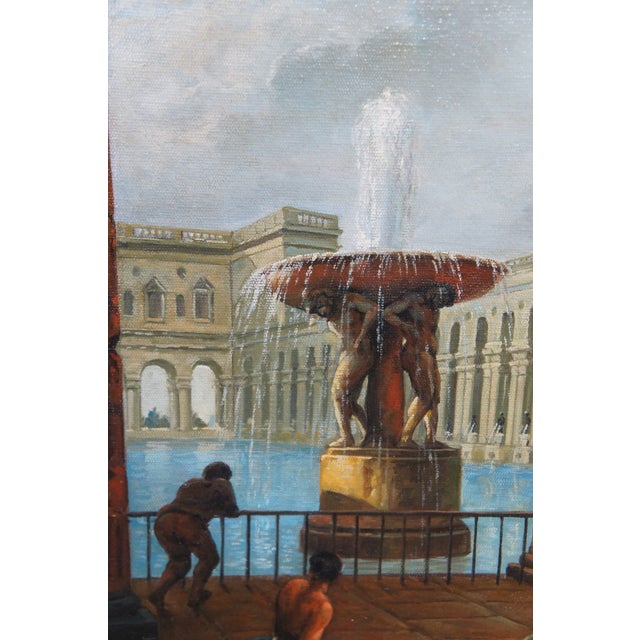 Late 20th Century Ancient Ruins Used as Public Baths After Hubert Robert Oil Painting Framed 71" For Sale - Image 11 of 12