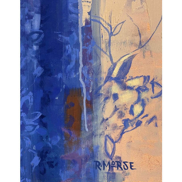 Expanse by Ryan Morse | Oil on Panel Woman in blue attire with floral patterns against a warm background For Sale - Image 4 of 5