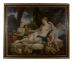 Dunna on Daybed with Cherubs and Maids, Oil on Canvas, Framed