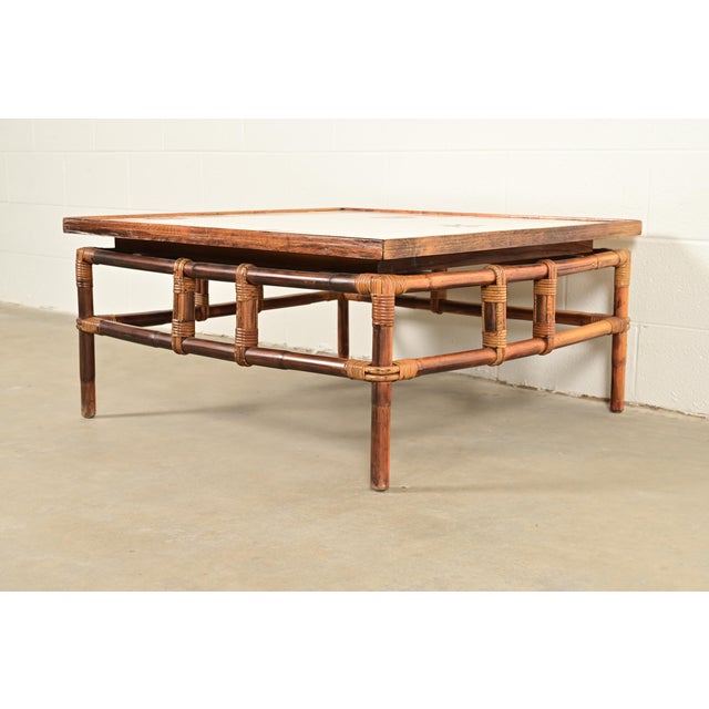 Ficks Reed John Wisner for Ficks Reed Mid-Century Hollywood Regency Bamboo Rattan Tile Top Coffee Table, 1950s For Sale - Image 4 of 10