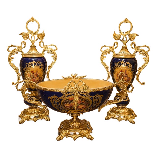 French Cobalt Blue Porcelain Garniture Set Gilt Bronze Urns & Centerpiece Bowl For Sale