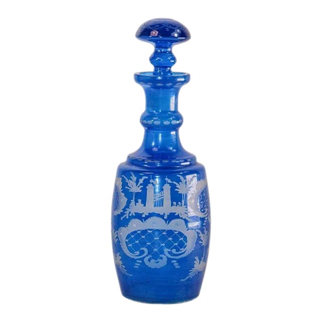 Antique Bohemian Blue Engraved Glass Bottle Covered Decanter For Sale