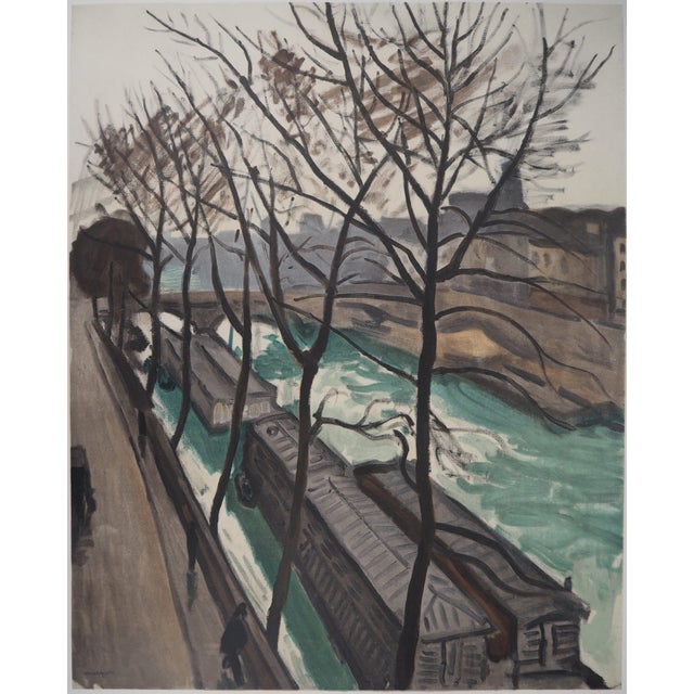 Modern Lithograph Washhouse Boats and Pont Neuf Poster in the style of Albert Marquet, 1960s For Sale - Image 3 of 8