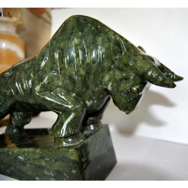 Jade Spinach Jade Charging Bull Oxen Statuette Figurine on Pedestal For Sale - Image 8 of 11