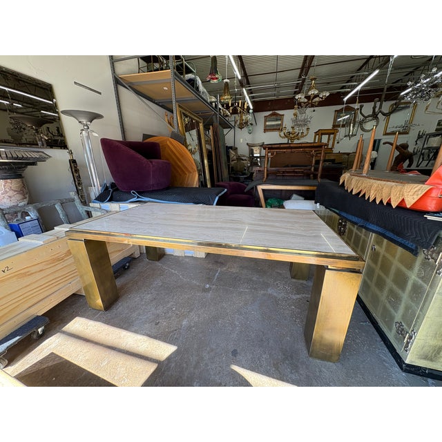 1970s French Modern Brass and Travertine Dining Table For Sale - Image 10 of 18
