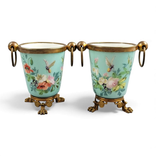 Traditional Turquoise Porcelain and Bronze Cache-Pots, Paris, France, 1835-1850, Set of 2 For Sale - Image 3 of 10