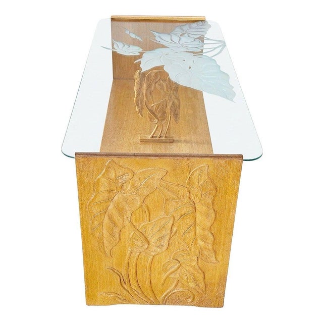 Restored Hand Carved Hawaiian Koa Wood 2 Tiered Coffee Table W/ Glass Table For Sale - Image 4 of 9