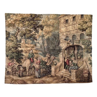Antique French Aubusson Jacquard Tapestry Village, 1970s For Sale
