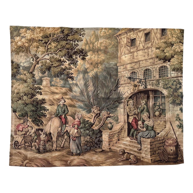 Antique French Aubusson Jacquard Tapestry Village, 1970s For Sale