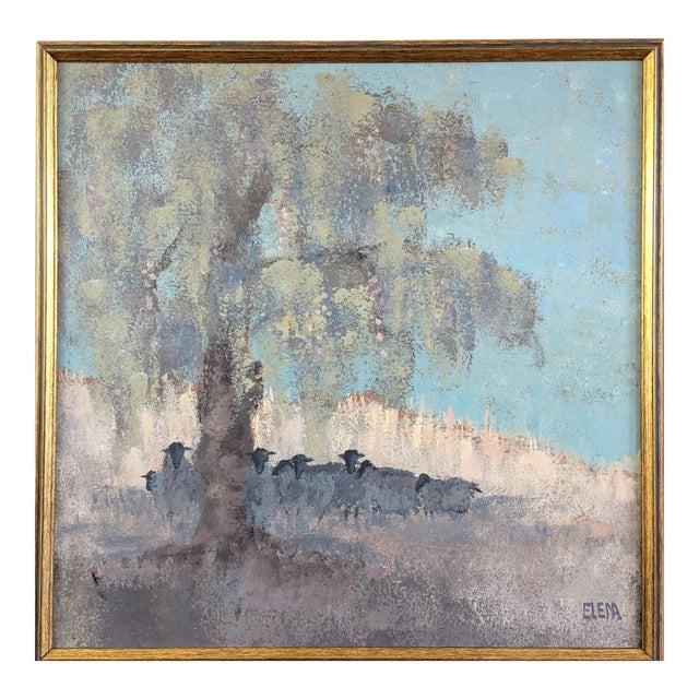 Mid-Century Modern 'Sheep at Rest' Vintage Swedish Original Landscape Oil Painting, Framed For Sale