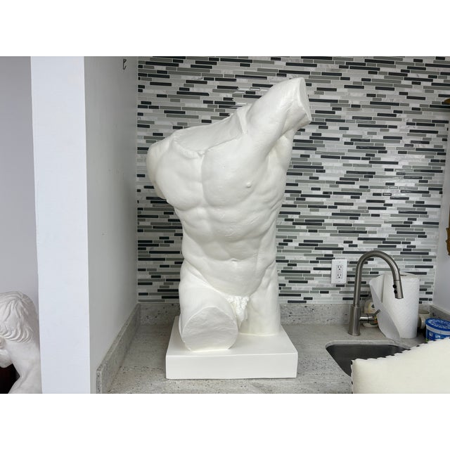 Italian Plaster Male Torso Sculpture Of A Classical Athlete. Offered is a handsome large Italian plaster male torso...