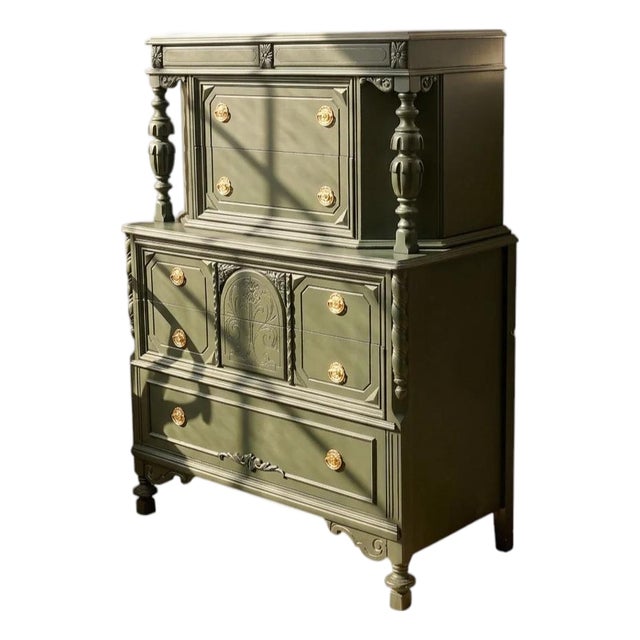 Antique Hunter Green Highboy Dresser With Ornate Carved Details For Sale