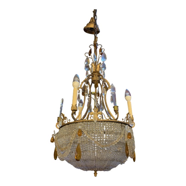 Antique French Empire Style Crystal Basket Chandelier With Gilt Bronze Frame For Sale