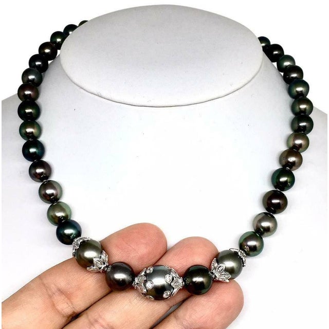 Black Diamond Tahitian Pearl Necklace 18k Gold 13.25 mm 17" Certified For Sale - Image 8 of 11