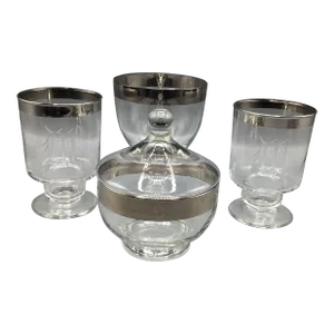 Mid-Century Modern Platinum Rim Candy Dishes and Etched Cocktail Glasses Set- 4 Pieces