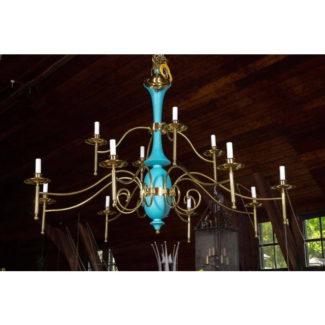 Large department store chandelier, new -old 1970s stock. Two available. Brass and wood, Robin's Egg Blue. 12 lights.