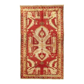 Antique Oushak Rug, Turkish Handmade Oriental Rug, Red, Beige, Bold Design 5x8 For Sale