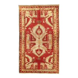 Antique Oushak Rug, Turkish Handmade Oriental Rug, Red, Beige, Bold Design 5x8