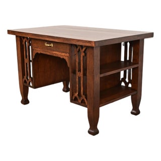 Stickley Brothers Style Antique Mission Oak Arts & Crafts Desk With Built-in Bookcases, Newly Refinished For Sale