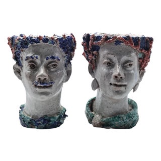 Handcrafted Ceramic Planters in the shape of Heads, Italy, 1950s, Set of 2 For Sale