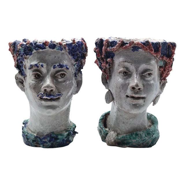 Handcrafted Ceramic Planters in the shape of Heads, Italy, 1950s, Set of 2 For Sale