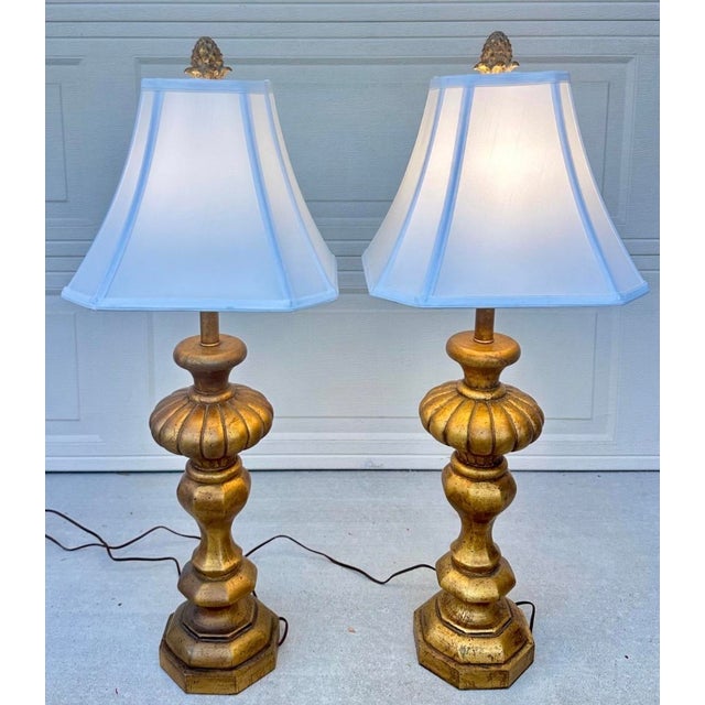 Pair of Monumental 1920s Italian Carved Giltwood Pineapple Table Lamps - 36" Tall Hollywood Regency For Sale - Image 4 of 18