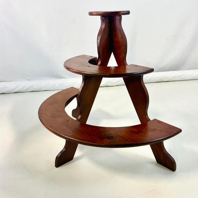 1970s Vintage Arts & Crafts Boho Chic Pine 3-Tier Half Moon Plant Stand, Dark Stain. For Sale - Image 12 of 13