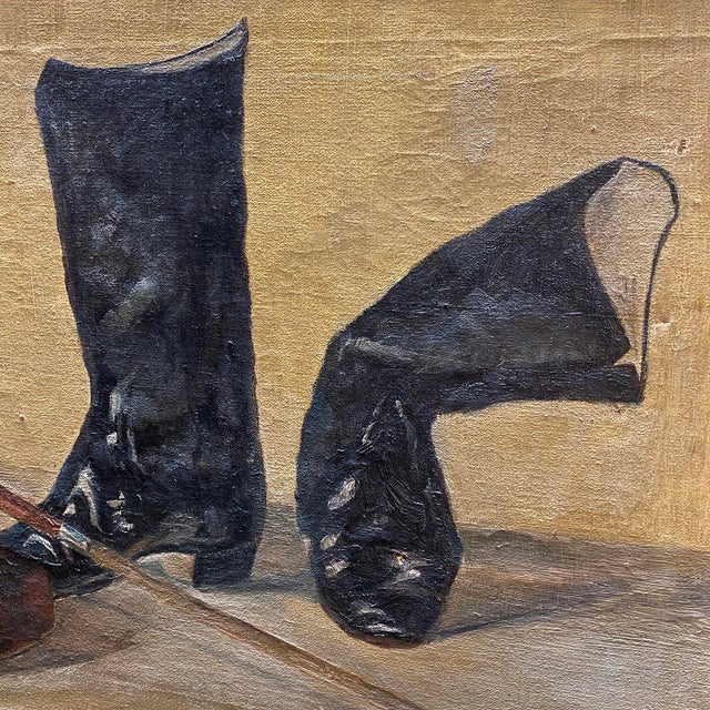 Mustard Mid 20th Century Equestrian Boot Still Life Oil Painting - Unsigned For Sale - Image 8 of 11