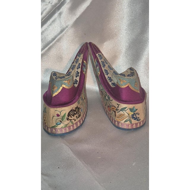 "Flowerpot" Shoes (Huāpéndǐ Xié) beautifully preserved pair of authentic antique Manchu women’s high-platform shoes dating...