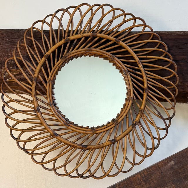 Vintage French Round Rattan Mirror, 1950s For Sale - Image 9 of 11
