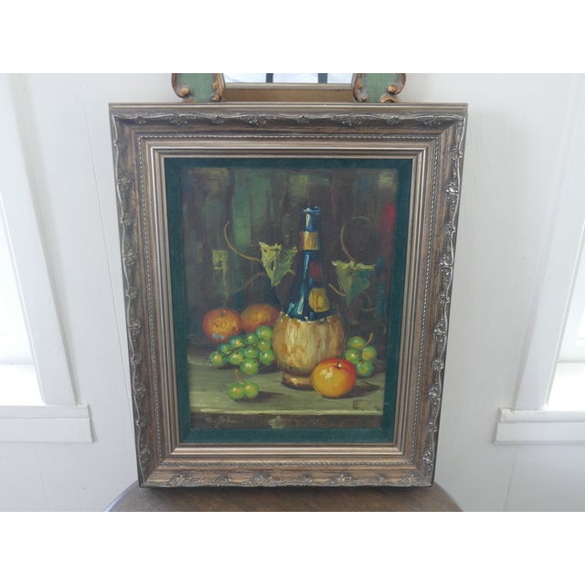 Vintage Mid Century Modernist C. John Framed Original Still Life Oil Painting on Canvas Wood frame in antiqued silver with...