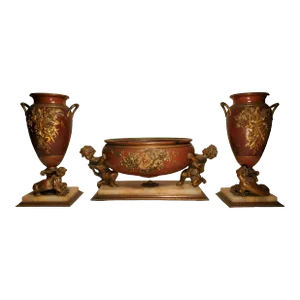French Late 19th Century Louis XVI Bronze and Ormolu and Onyx 3 Piece Centerpiece With Urns