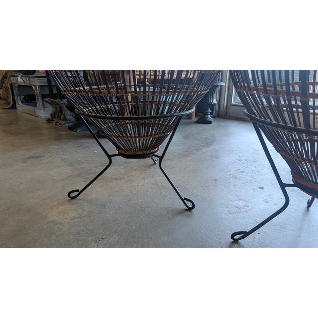 1960s Mid-Century Franco Albini Style Rattan, Iron & Glass Fish Trap Side Tables - A Pair For Sale In Charleston - Image 6 of 14