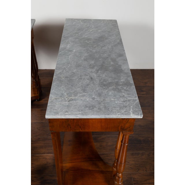 Pair of French 1860s Napoleon III Period Walnut Console Tables with Marble Tops For Sale - Image 12 of 12