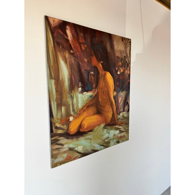 A captivating 1972 vintage impressionist oil on canvas painting by Bohorquez, featuring a seated nude woman in a serene,...