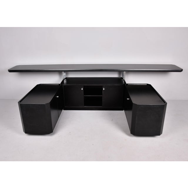 Large 1990s Mid Century Italian Two Tier Credenza With Black Finish and Hinged Base For Sale - Image 4 of 12