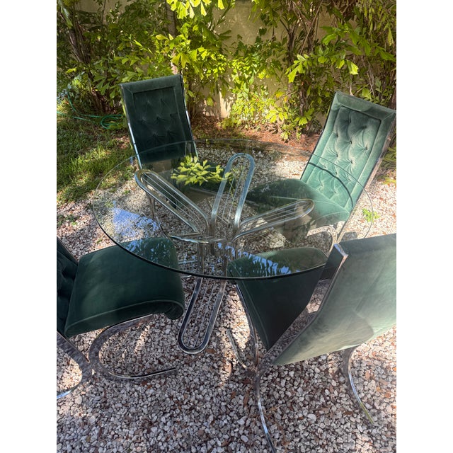 Vintage 1970s Glass & Chrome Dining Set With Hunter Green Cantilever Chairs For Sale - Image 4 of 16