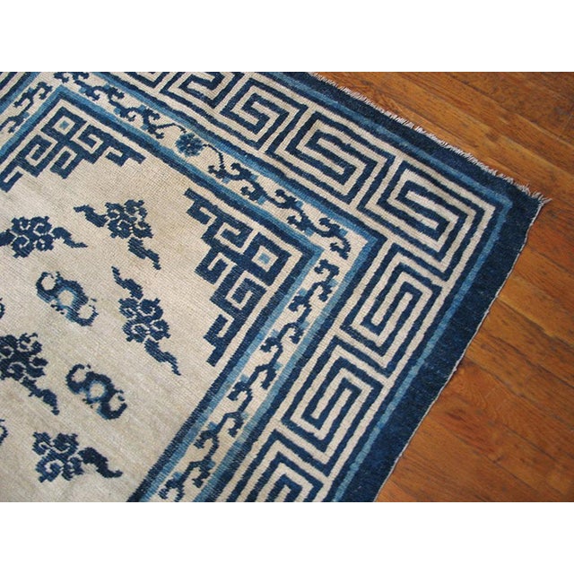 Mid 19th Century 1850s White Blue Medallion Antique Chinese Mongolian Rug 4'0" X 7'6" Handknotted Wool Carpet For Sale - Image 5 of 6