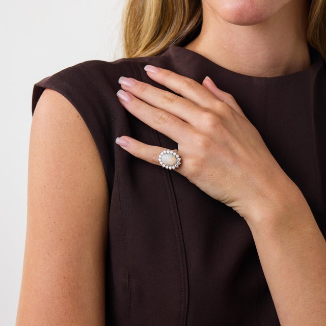 Mid Century Opal Diamond 14k White Gold Cocktail Ring, Size 4.5 For Sale - Image 4 of 5