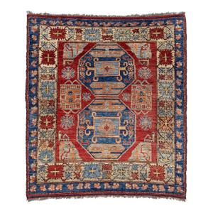 6 X 6 Modern Kazak Handmade Wool Rug in Red and Blue With Geometric Design